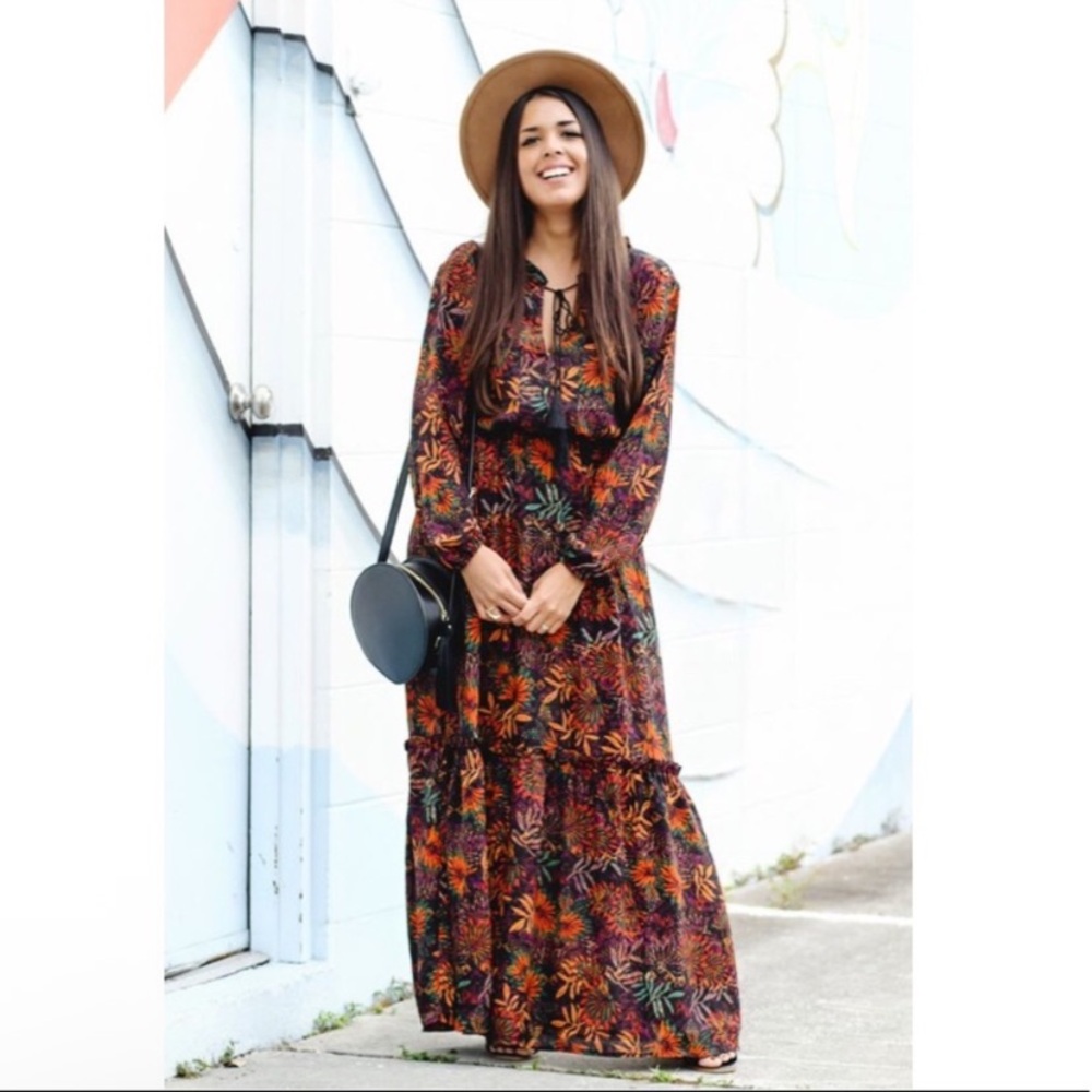H&M Maxi Boho Floral Fall Leaf Long Sleeve Maxi Dress - Picture 3 of 10